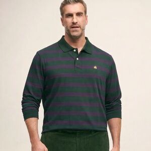 Brooks Brothers Men's Green and Purple Striped Long Sleeve Polo Shirt Medium